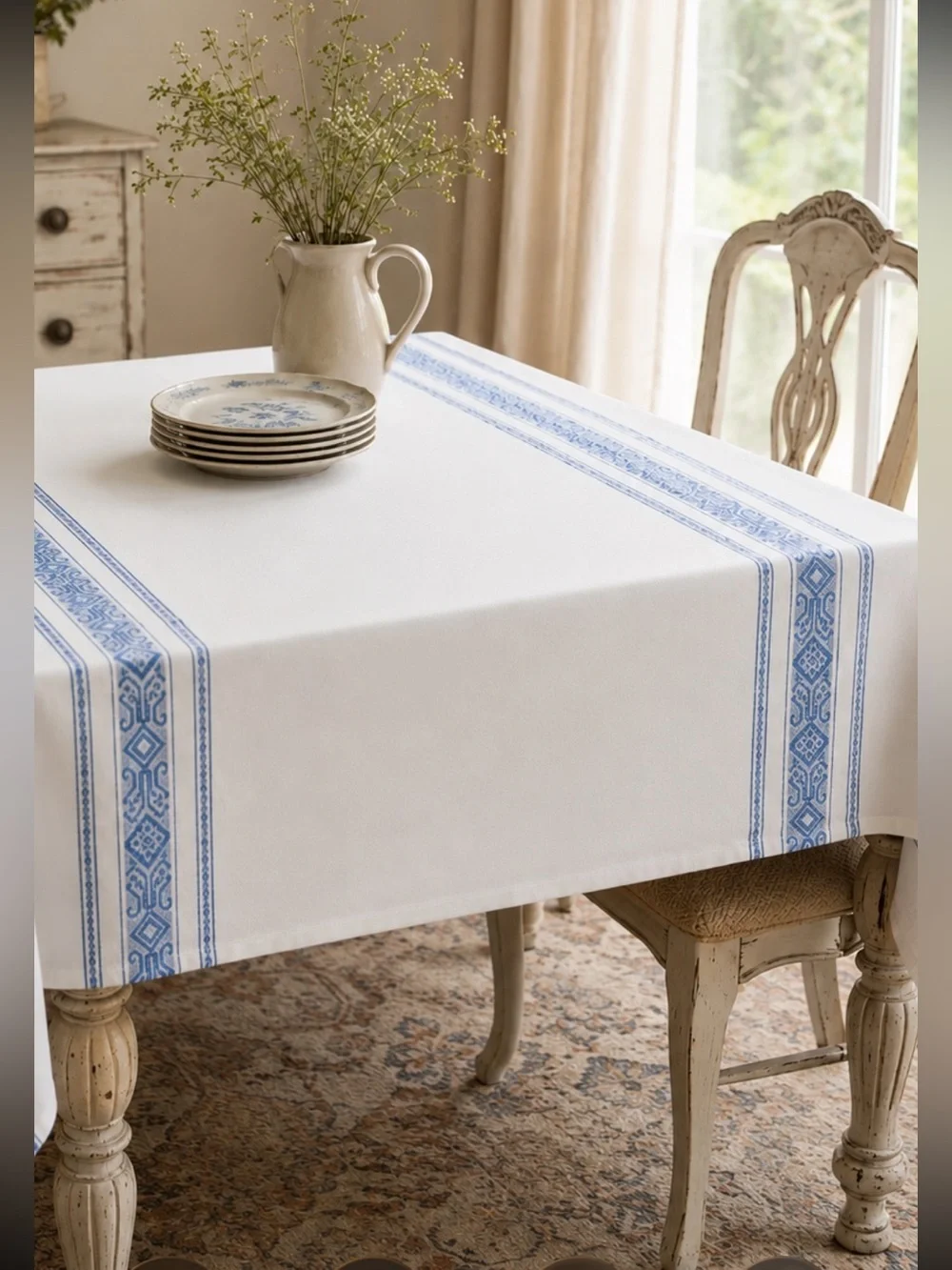 Vintage Damask Woven Textile Tablecloth w/ Woven Geometric Stripe. 55x75 Blue